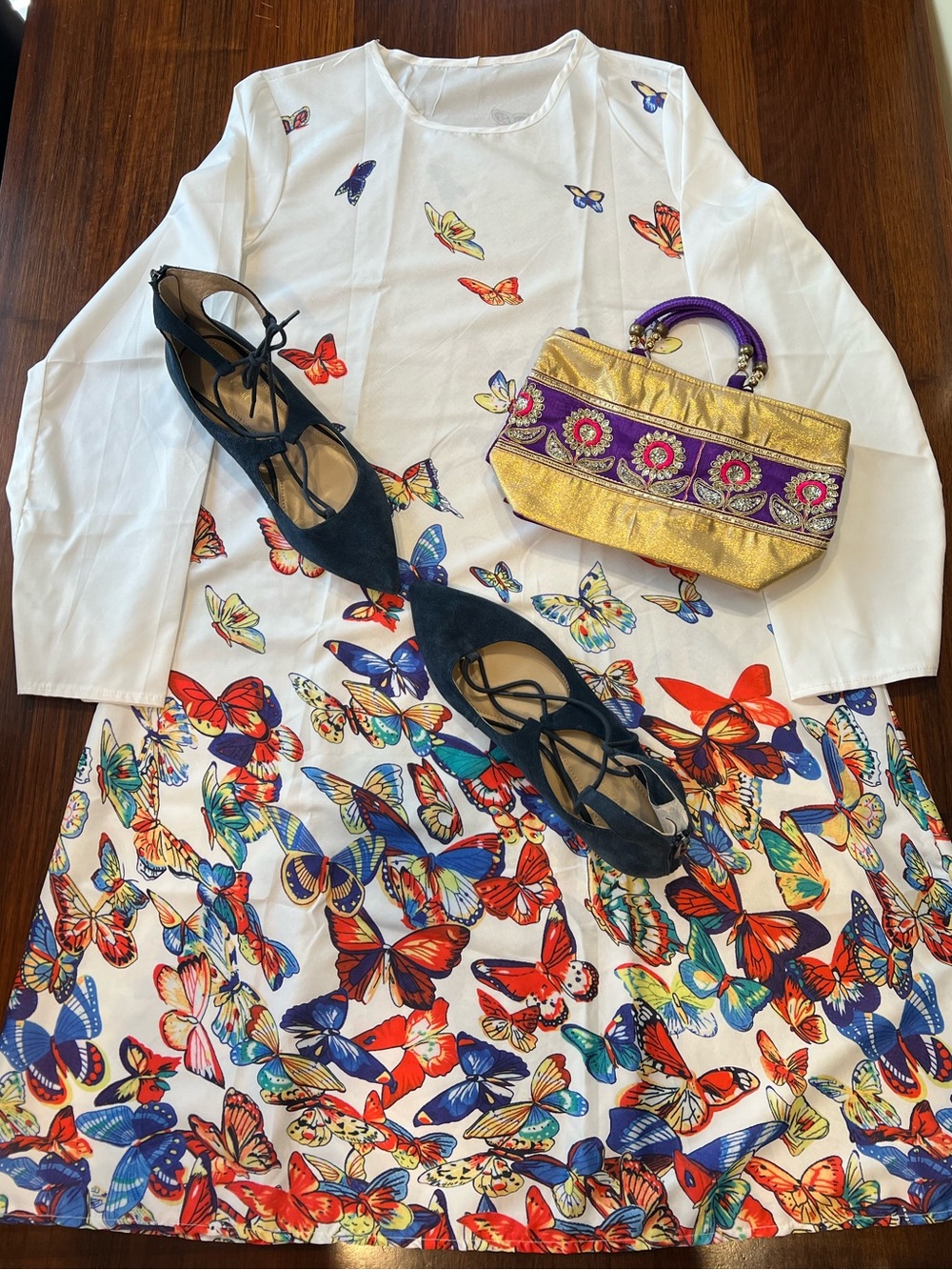 White Butterfly Print Long Sleeve Shift Dress